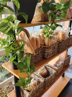 Regal mit viel Brot und grünen Pflanzen in österreichischer Bäckerei